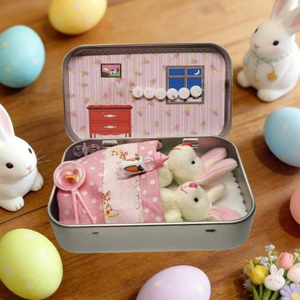 2 Pack Easter Bunny Plush Toys in Tin Box Pocket Hug Ornament Gift