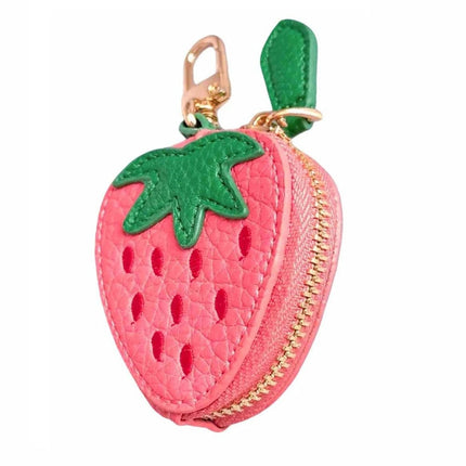 Strawberry shaped leather keychain coin purse, mini zipper pouch, portable storage bag