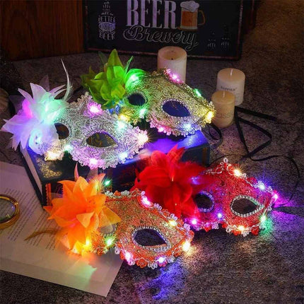 2 Pack Women Lace Light‑Up Masquerade Mask with Side Flower, Carnival Party Costume Accessory