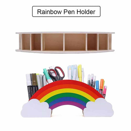 Rainbow Wooden Desk Organiser, DIY Pen & Pencil Holder with Phone Storage Compartment