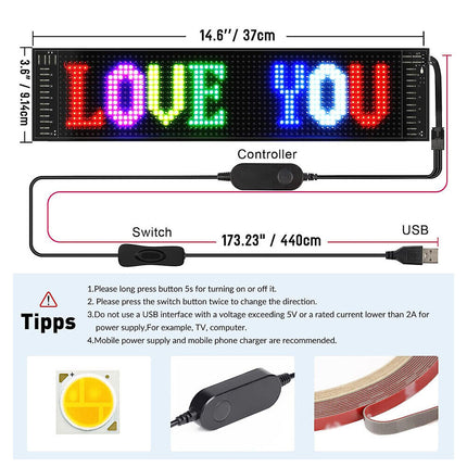 Car RGB LED Sign Scrolling Message Display Board Screen Programmable APP Control