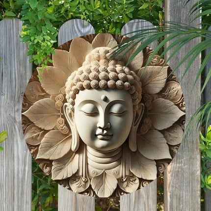 Round Wooden Buddha Head Hanging Wall Plaque 20cm Indoor Outdoor Home Garden Decor