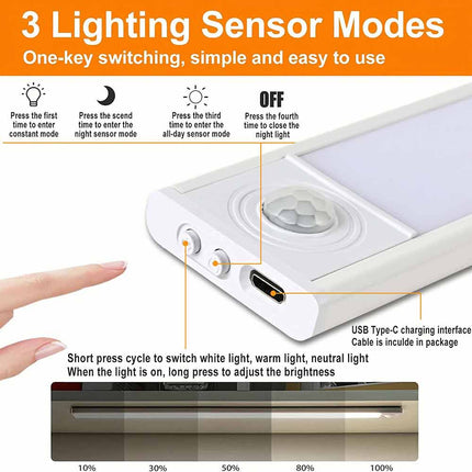 Magnetic PIR Motion Sensor LED Under Cabinet Light, USB Rechargeable Wireless Closet Lamp, Available in Black/White 30/40/50cm