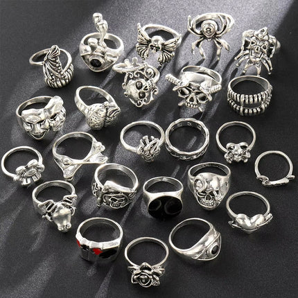 24 Pcs Gothic Skeleton Stackable Ring Set, Punk Grunge Unisex Street‑Style Jewellery Gift