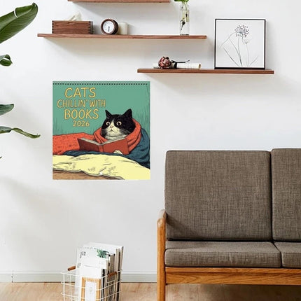 Cats Chillin' with Books Wall Calendar 2026 Cat-Themed Illustrations Planner