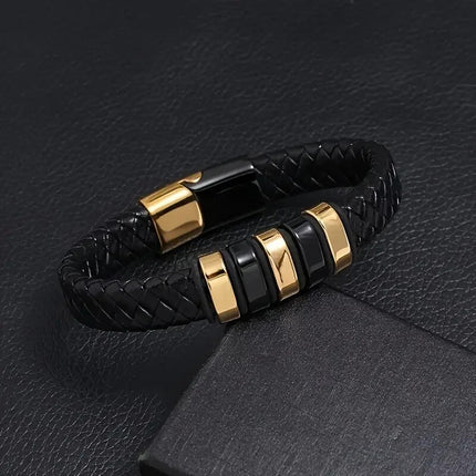 Mens Magnetic Braided Wristband Leather Rope Bracelet Bangle Wrap Black 22 cm