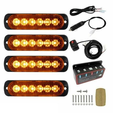 4-Pack 6-LED Amber Recovery Strobe Light 12V Flashing Marker Beacon Light Bar for Cars