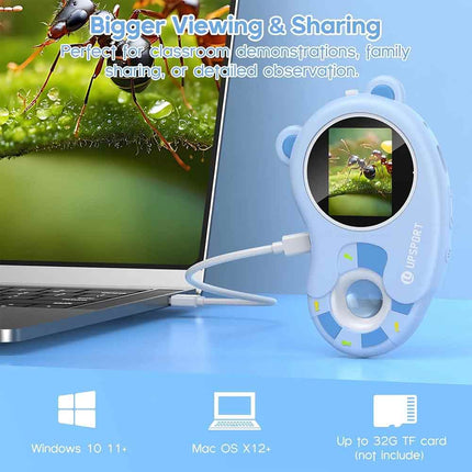 2 in 1 Kids Portable Digital Microscope 1000X Magnification with 2 Inch HD Screen Video Recorder