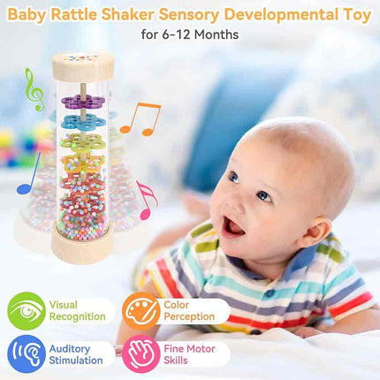 Wooden Rattle Rain Stick Toy, Montessori Musical Sensory Toy 6-12 Months
