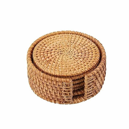 6 Pack Rattan Coaster Set with Storage Holder Base, Heat Resistant Autumn Pattern Drink Cup Mats for Table Decor
