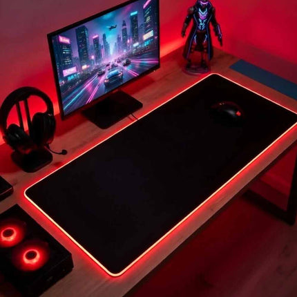 RGB Gaming Desk Mat 90×40cm, 3mm Thick Black LED Edge Lighting Large Non-Slip Keyboard Mouse Pad