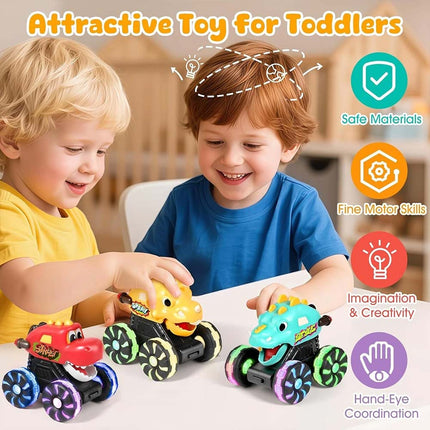 3X Dinosaur Light Up Monster Truck Toys, Press and Go Car Play Set, Fun Gift for All Ages