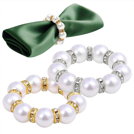 2Pcs Beaded Imitation Pearl Napkin Rings, Silver & Gold Dinner Table Decor Holders