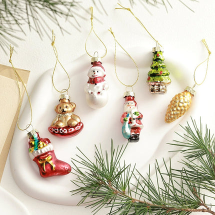 Set of 6 Retro‑Style Glass Christmas Tree Hanging Ornaments, Nostalgic Festive Decorations