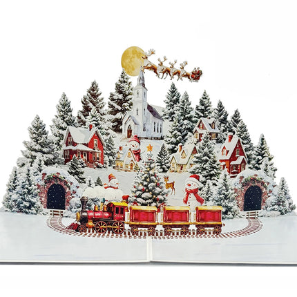 Enchanting 3D Pop-Up Christmas Village Greeting Card – Snowman, Reindeer & Festive Fir Trees