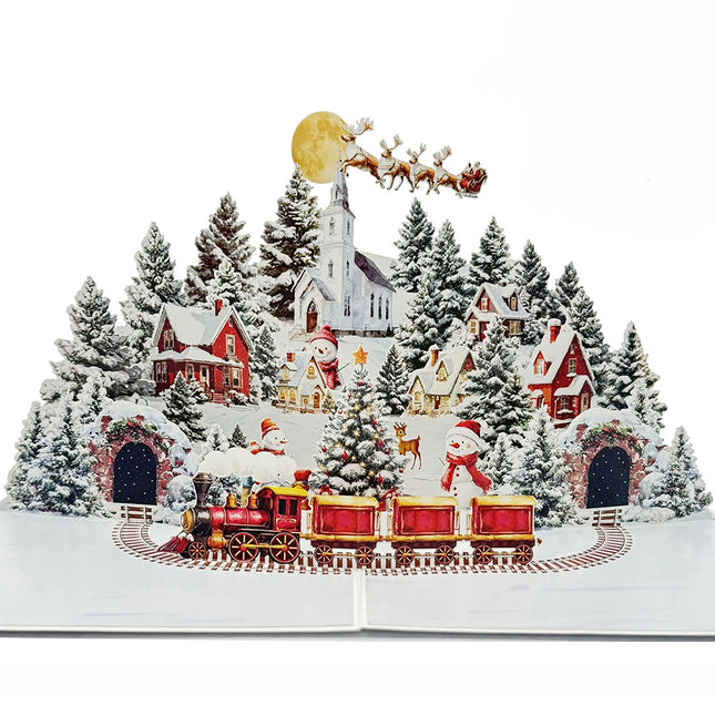 Enchanting 3D Pop-Up Christmas Village Greeting Card – Snowman, Reindeer & Festive Fir Trees