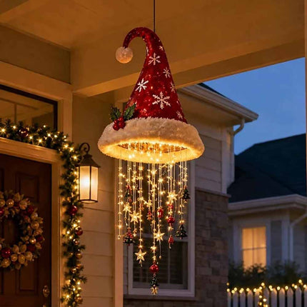 Light‑Up Hanging Santa Hat Ornament, LED Glowing Decoration with Star Tassel for Christmas Xmas Home Decor