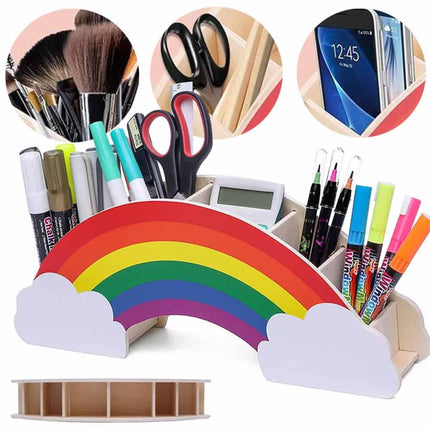 Rainbow Wooden Desk Organiser, DIY Pen & Pencil Holder with Phone Storage Compartment