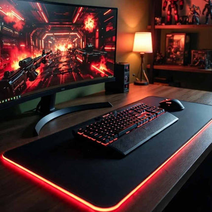 RGB Gaming Desk Mat 90×40cm, 3mm Thick Black LED Edge Lighting Large Non-Slip Keyboard Mouse Pad