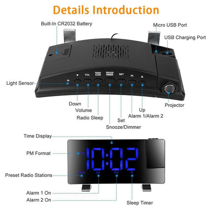 LED Curved Screen Digital Clock, Radio Projection Wake Up Alarm Clock