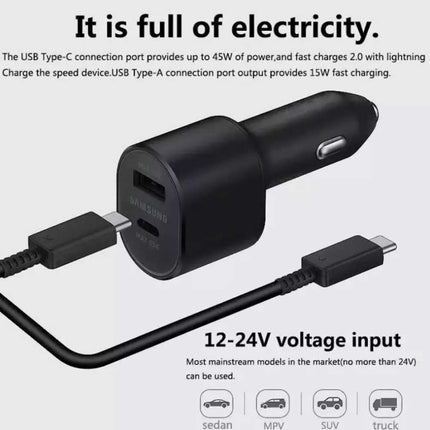 60W Samsung Super Fast Charging Dual Car Charger (45W+15W) 2 Port USB-C & USB-A