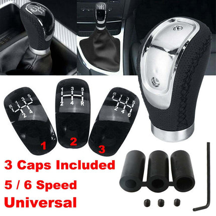 5/6 Speed + 3 Cap Black PU Leather Manual Car Gear Shift Lever Shifter StickKnob