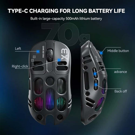 RGB Gaming Mouse, PixArt PAW3311 Sensor, 12000 DPI, 500mAh Battery, BT/2.4G Wireless/Wired Connectivity