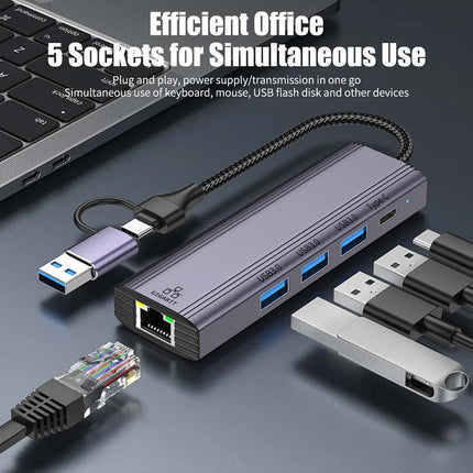 1000Mbps 5-in-2 Type-C to USB 3.0 Ethernet RJ45 LAN Gigabit Adapter