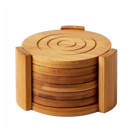 Set of 6 Round Bamboo Coasters with Storage Holder – 11.5cm Cup Mats for Tea & Coffee