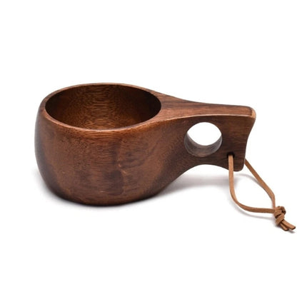 Portable Wooden Coffee Mug with Acacia Handle & Cowhide Lanyard Hook