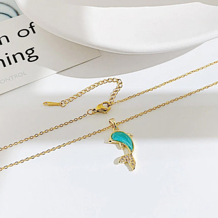 Stainless Steel Blue Dolphin Pendant Necklace - European Style Gift for Women
