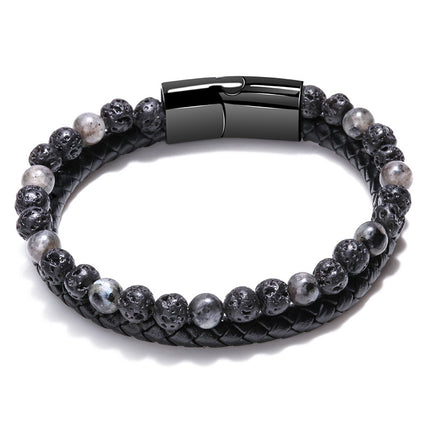 Me Natural Tiger Eye Stone Beads Bracelet Matte Black Onyx Leather Bracelet 23CM