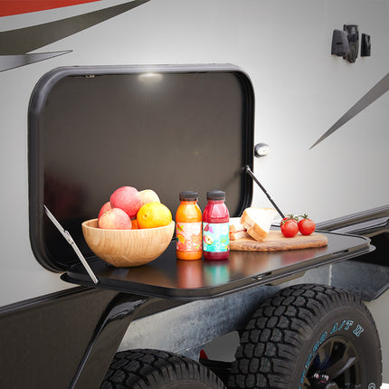 White Wall‑Mount Fold‑Down Caravan Picnic Table, Keyless Latch with LED Lighting & Backing Plate, 900 x 550mm