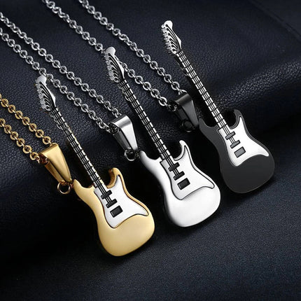 3-Piece Stainless Steel Rock Guitar Music Pendant Necklace Chain – Unisex Jewelry