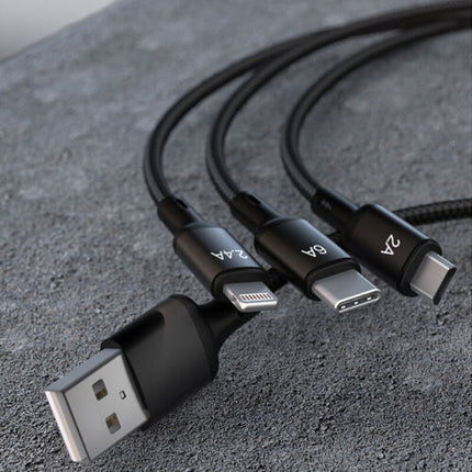 Pisen Three-In-One Aluminum Alloy Braided Data Charging Cable For iPhone Samsung