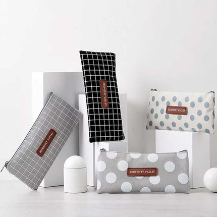 Grid Dots Canvas Pen Box Pencil Case Storage Bag Makeup Brush Pouch Stationery Gift