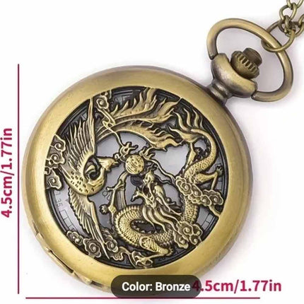 Dragon and phoenix Vintage Quartz Bronze Pocket Watch with Chain