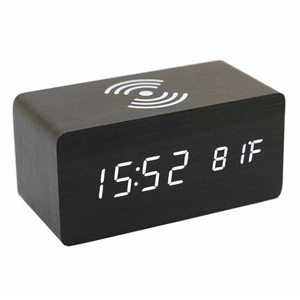 Modern Wooden Wood Digital LED Desk Alarm Clock Thermometer for Wireless Charger