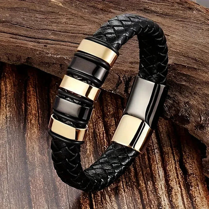 Mens Magnetic Braided Wristband Leather Rope Bracelet Bangle Wrap Black 22 cm