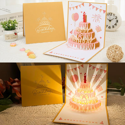 3D Pop-Up Birthday Card with LED Light, Voice Recorder - Cake & Fireworks Design