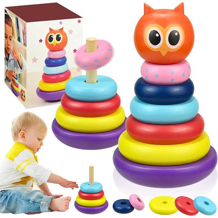 Wooden Owl Tumbler Stacking Rings, Rainbow Spinning Tower