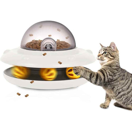 White UFO Shaped Interactive Cat Toy Automatic Dry Food Dispenser Pet Puzzle Feeder