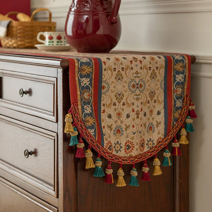 Retro Jacquard Table Runner with Tassels – Elegant Long Strip Home Decor Table Cover