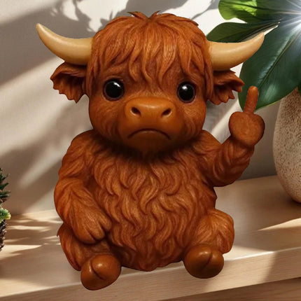 Lifelike Mini Highland Cow Middle Finger Resin Figurine - Realistic Animal Statue, Unique Ornament for Home Decor