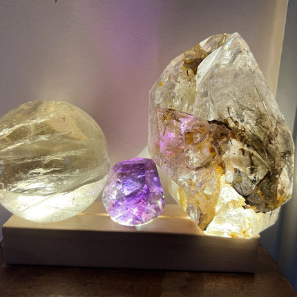 Crystal Glow Display Stand – 3 LED Lights, Wooden Base