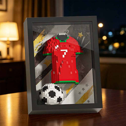 3D Football Jersey Brick Display Set with Dustproof Art Frame, Dual Use Wall Desk Ornament Gift for Football Fans