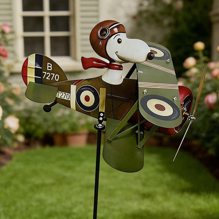 Cartoon Pilot Biplane Wind Spinner – Vintage Metal Windmill for Outdoor Garden & Yard Art Decor