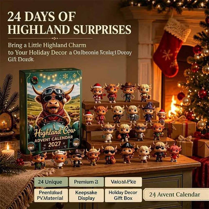 2026 Highland Cow Advent Calendar, 24‑Day Xmas Countdown Gift with Mini 3D Figurines
