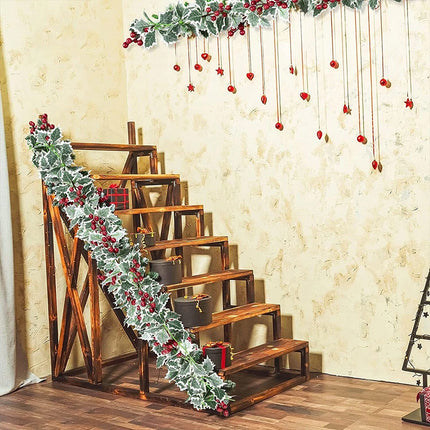 2Pcs 2.2M Holly Leaves Christmas Garland Decor – Artificial Greenery with Fake Red Berries, Perfect for Christmas Holiday Adornment