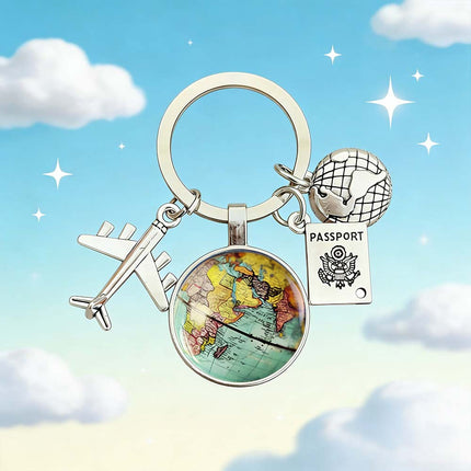 Traveller Keyring with World Globe, Airplane & Passport Charms Ideal Travel Gift for Wanderlust Enthusiasts